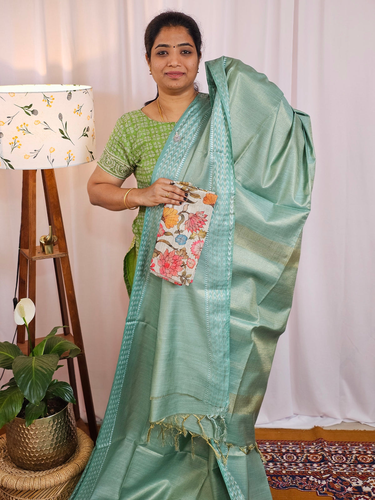 Bhagalpuri Tissue with Matching Blouse - Sea Green