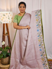 Soft Semi Tussar with Floral Border -  Lavender with Green