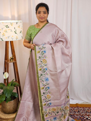 Soft Semi Tussar with Floral Border -  Lavender with Green