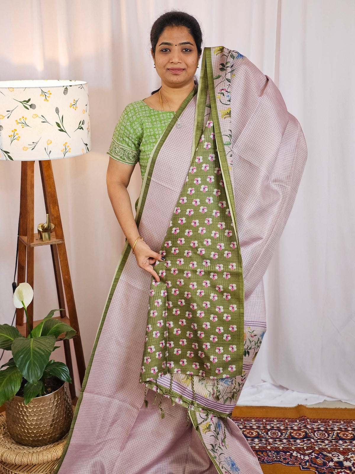 Soft Semi Tussar with Floral Border -  Lavender with Green