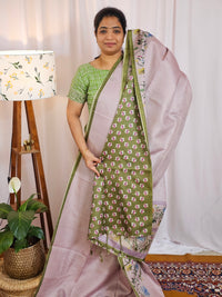 Soft Semi Tussar with Floral Border -  Lavender with Green
