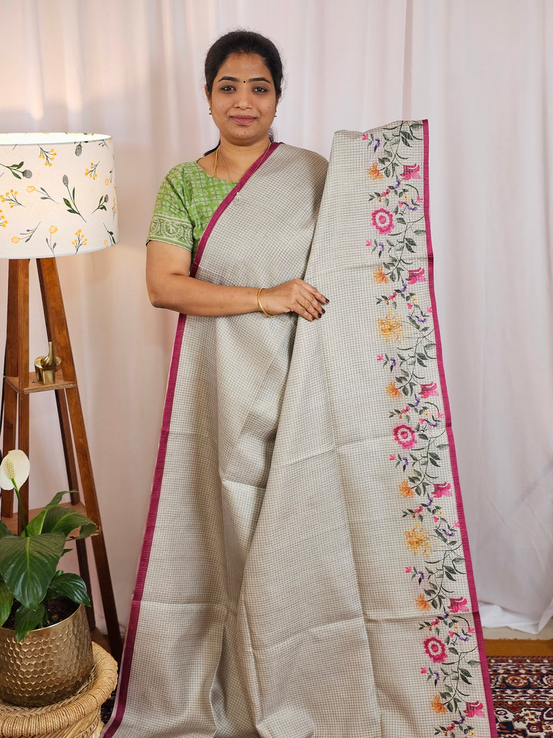Soft Semi Tussar with Floral Border - Metalic Grey with Pink
