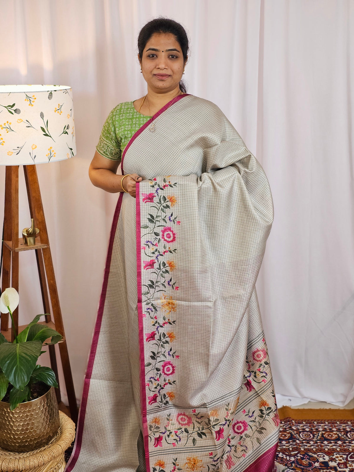 Soft Semi Tussar with Floral Border - Metalic Grey with Pink