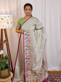 Soft Semi Tussar with Floral Border - Metalic Grey with Pink