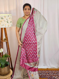Soft Semi Tussar with Floral Border - Metalic Grey with Pink