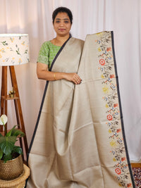 Soft Semi Tussar with Floral Border - Beige with Grey