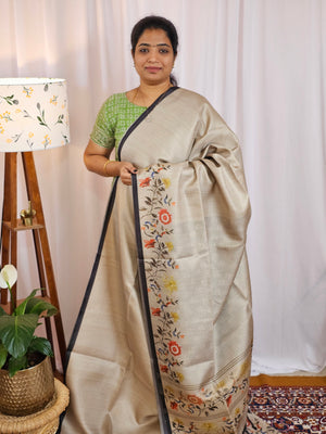 Soft Semi Tussar with Floral Border - Beige with Grey