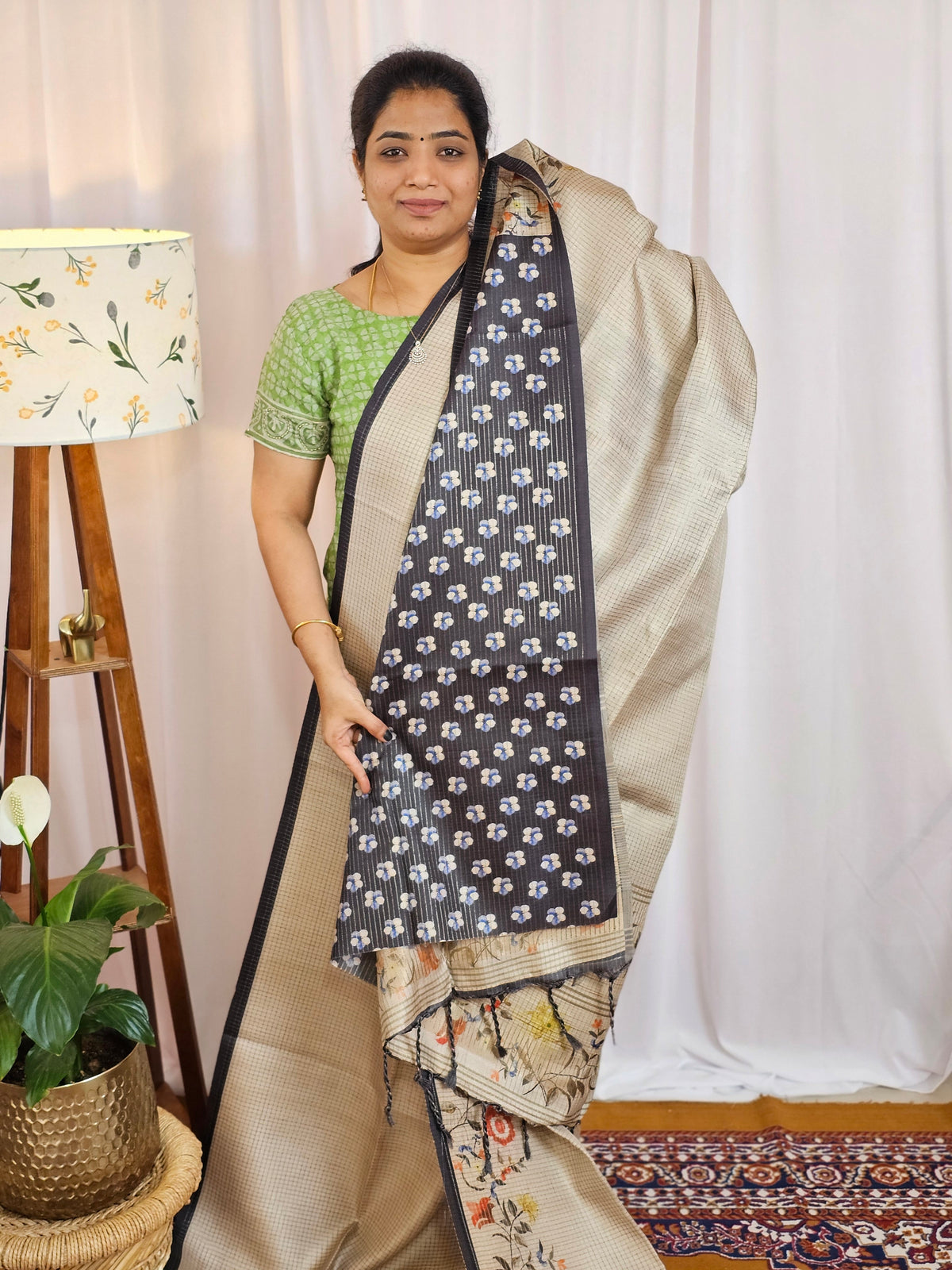 Soft Semi Tussar with Floral Border - Beige with Grey