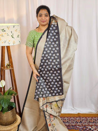 Soft Semi Tussar with Floral Border - Beige with Grey