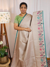 Soft Semi Tussar with Floral Border - Beige with Sea Green