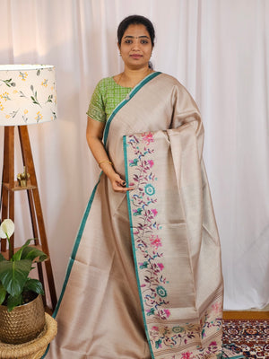 Soft Semi Tussar with Floral Border - Beige with Sea Green