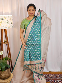 Soft Semi Tussar with Floral Border - Beige with Sea Green