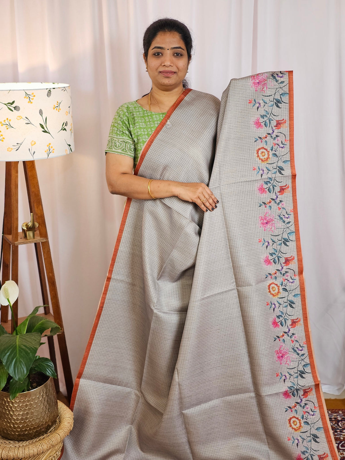 Soft Semi Tussar with Floral Border - Grey with Brown
