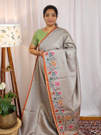 Soft Semi Tussar with Floral Border - Grey with Brown