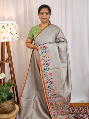 Soft Semi Tussar with Floral Border - Grey with Brown