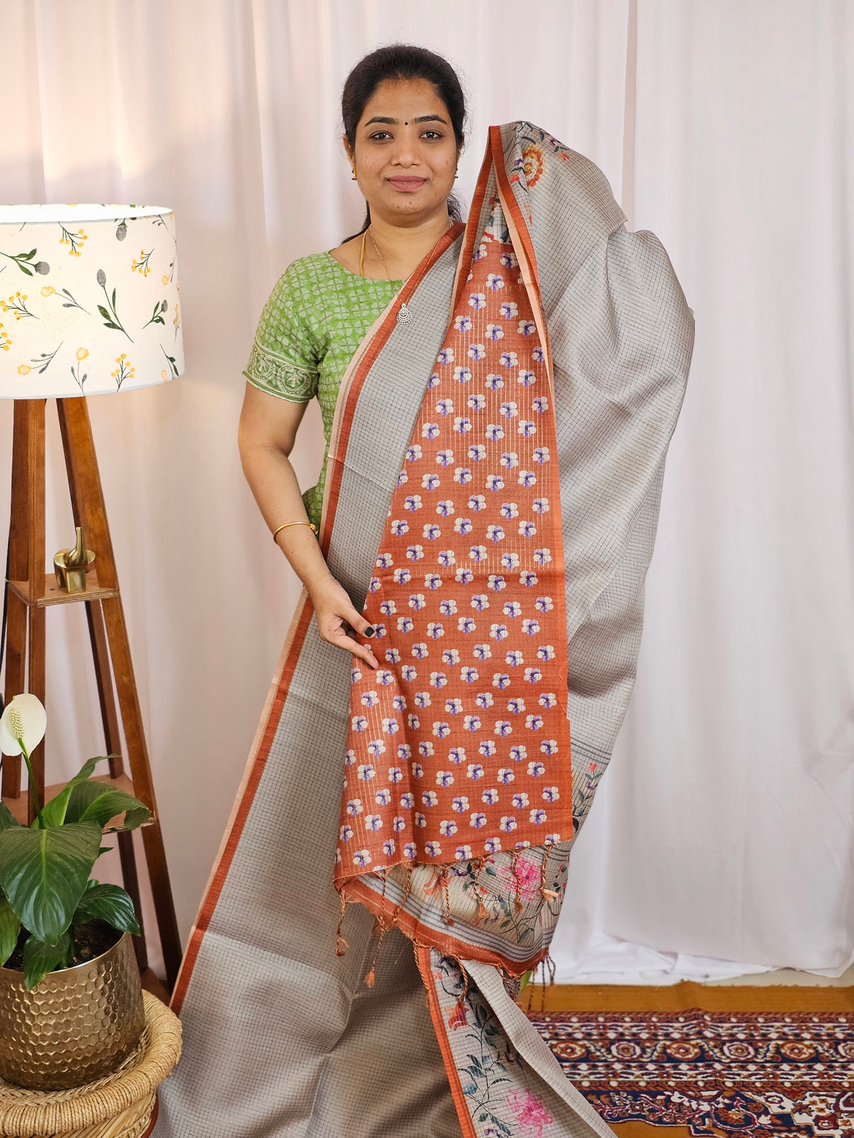 Soft Semi Tussar with Floral Border - Grey with Brown