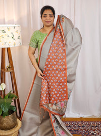 Soft Semi Tussar with Floral Border - Grey with Brown