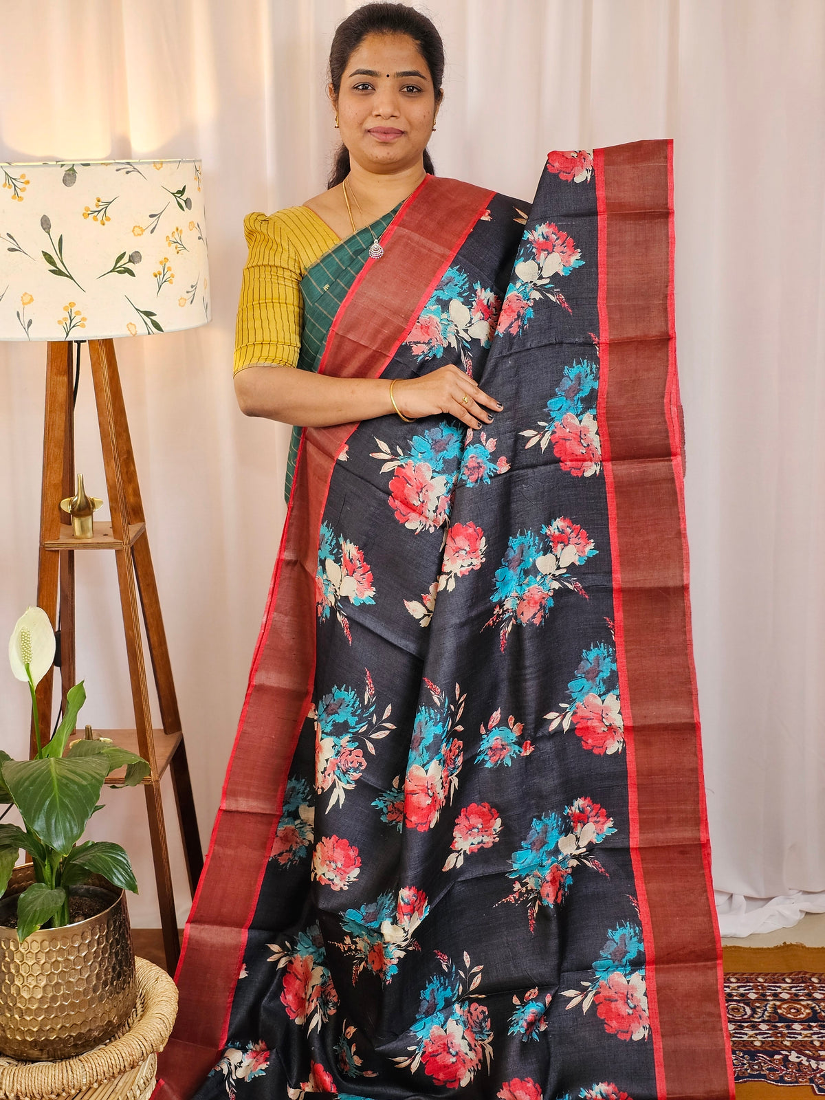 Pure Tussar Silk Saree with Zari Border - Black with Red