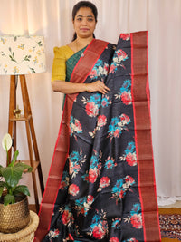 Pure Tussar Silk Saree with Zari Border - Black with Red