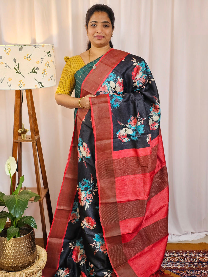 Pure Tussar Silk Saree with Zari Border - Black with Red