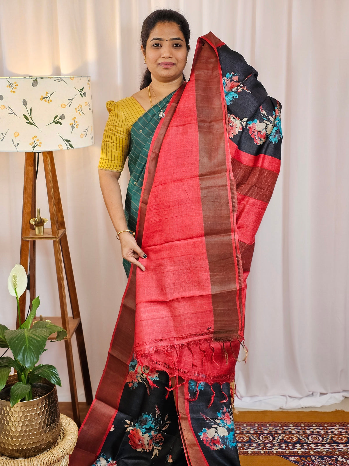 Pure Tussar Silk Saree with Zari Border - Black with Red