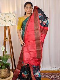 Pure Tussar Silk Saree with Zari Border - Black with Red