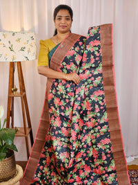 Pure Tussar Silk Saree with Zari Border - Black with Peach