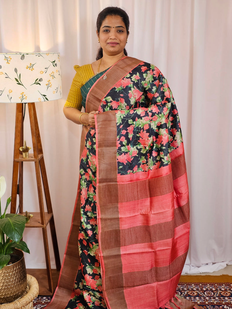 Pure Tussar Silk Saree with Zari Border - Black with Peach
