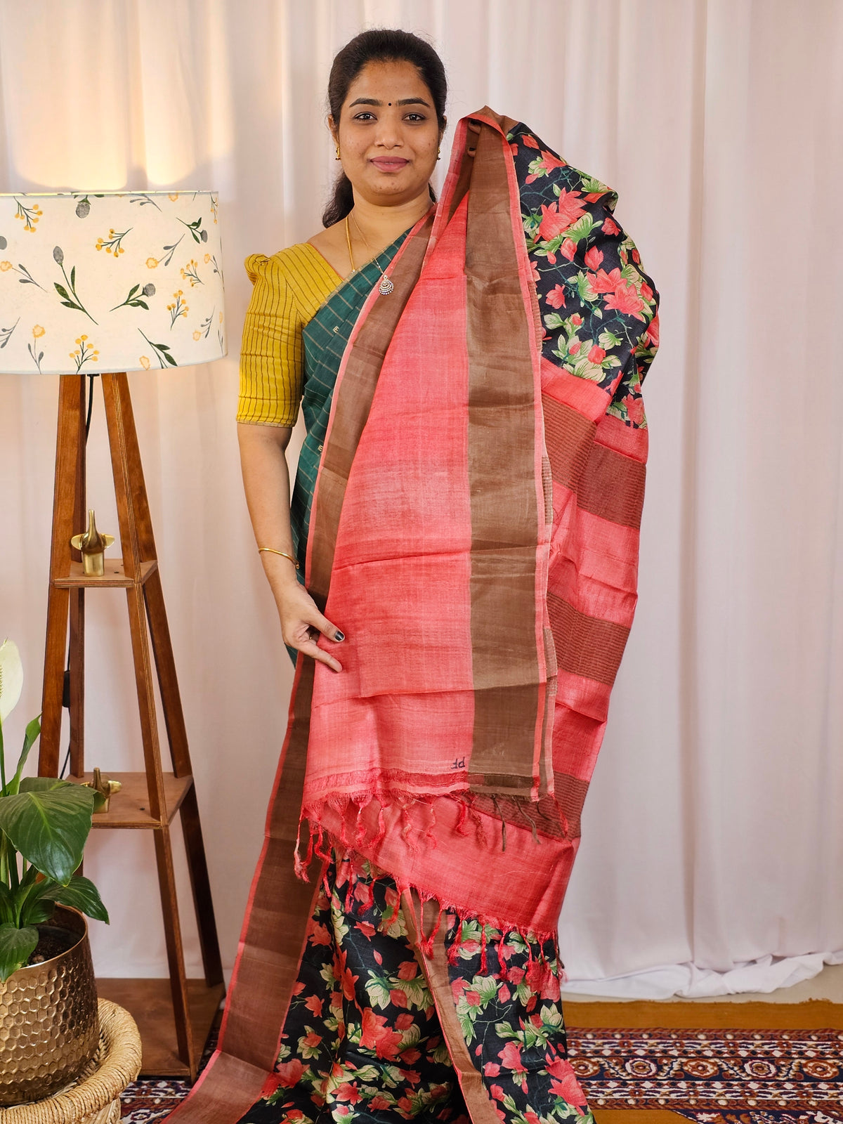 Pure Tussar Silk Saree with Zari Border - Black with Peach