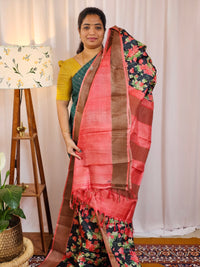 Pure Tussar Silk Saree with Zari Border - Black with Peach