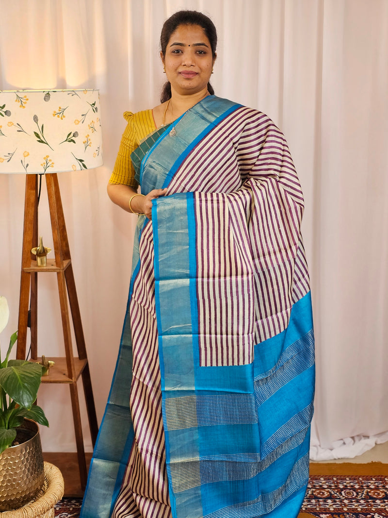 Pure Tussar Silk Saree with Zari Border - Purple with Blue