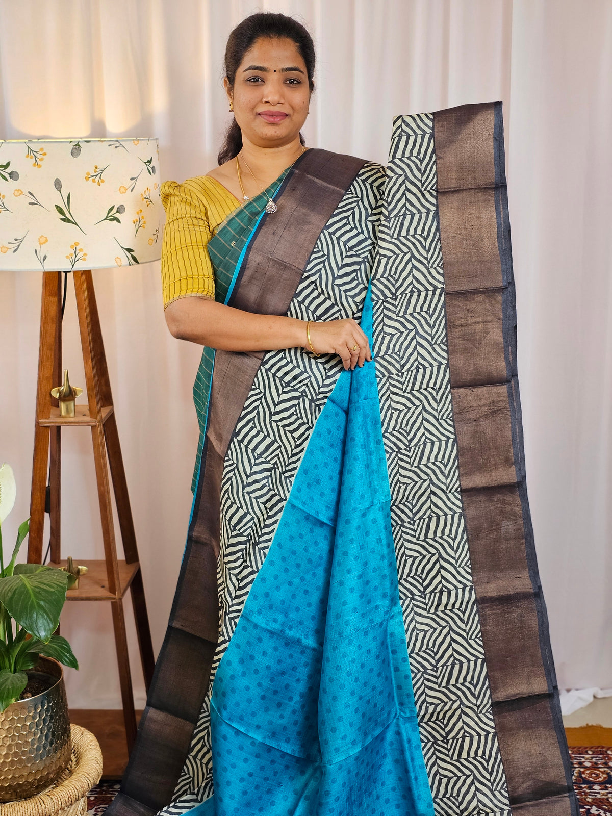 Pure Tussar Silk Saree with Zari Border - Blue with Black