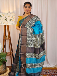 Pure Tussar Silk Saree with Zari Border - Blue with Black