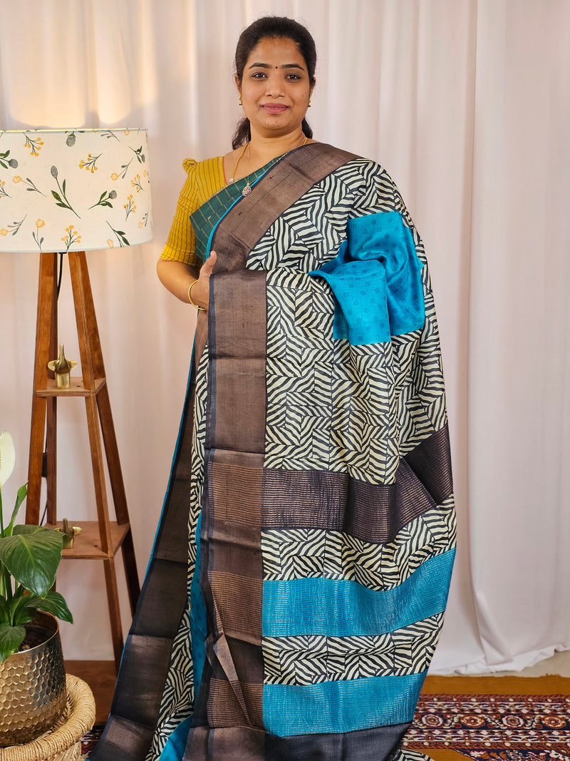 Pure Tussar Silk Saree with Zari Border - Blue with Black
