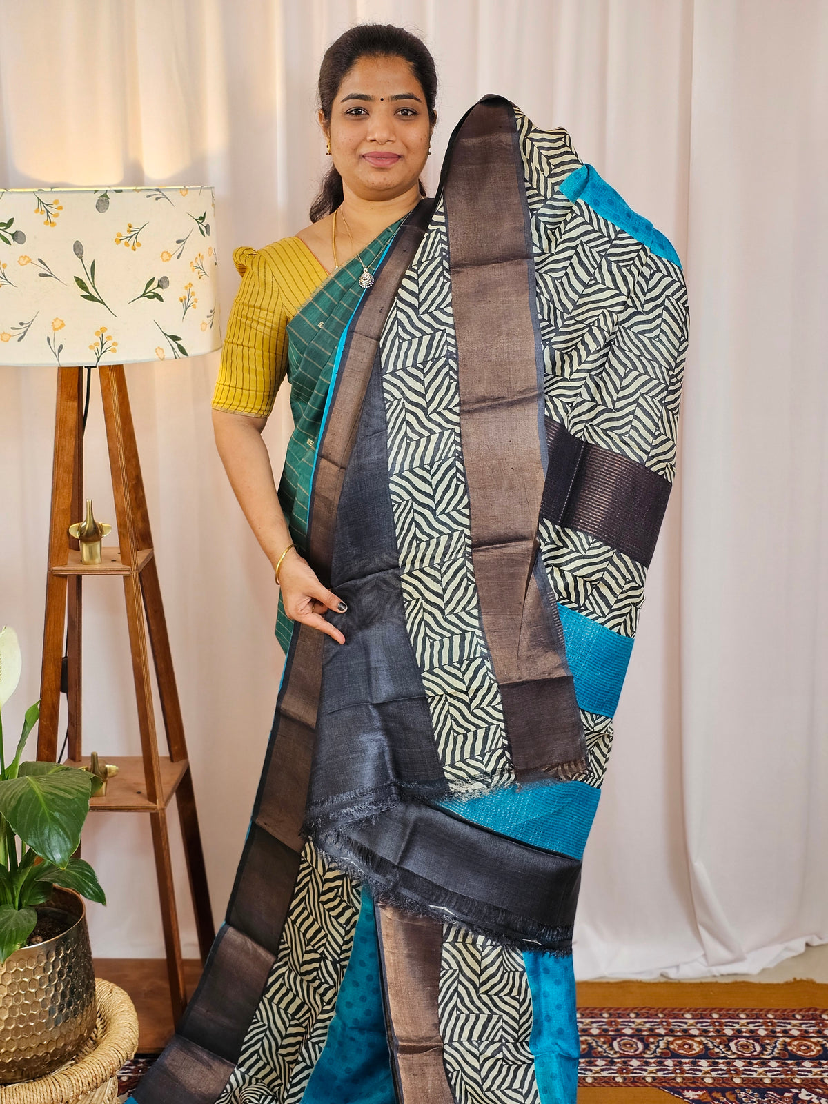 Pure Tussar Silk Saree with Zari Border - Blue with Black