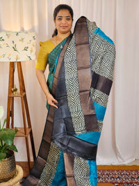 Pure Tussar Silk Saree with Zari Border - Blue with Black