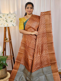 Pure Tussar Silk Saree with Zari Border Half N Half Pattern - Brown with Black