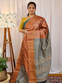 Pure Tussar Silk Saree with Zari Border Half N Half Pattern - Brown with Black