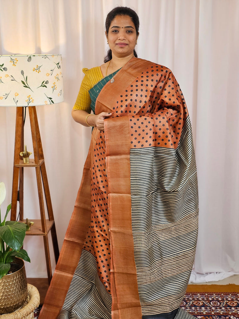 Pure Tussar Silk Saree with Zari Border Half N Half Pattern - Brown with Black