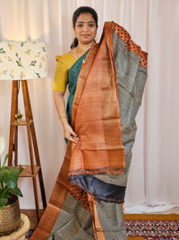 Pure Tussar Silk Saree with Zari Border Half N Half Pattern - Brown with Black