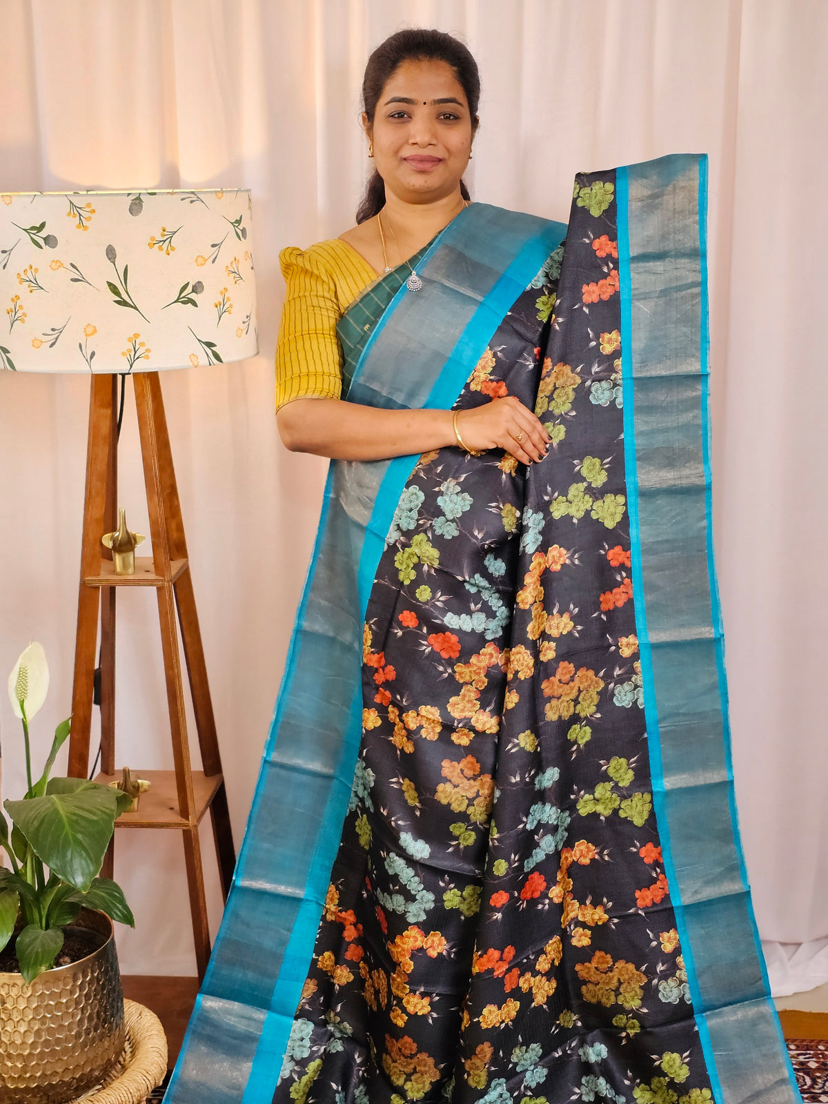 Pure Tussar Silk Saree with Zari Border - Black with Blue