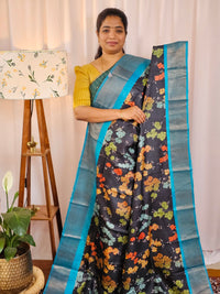 Pure Tussar Silk Saree with Zari Border - Black with Blue