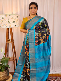 Pure Tussar Silk Saree with Zari Border - Black with Blue
