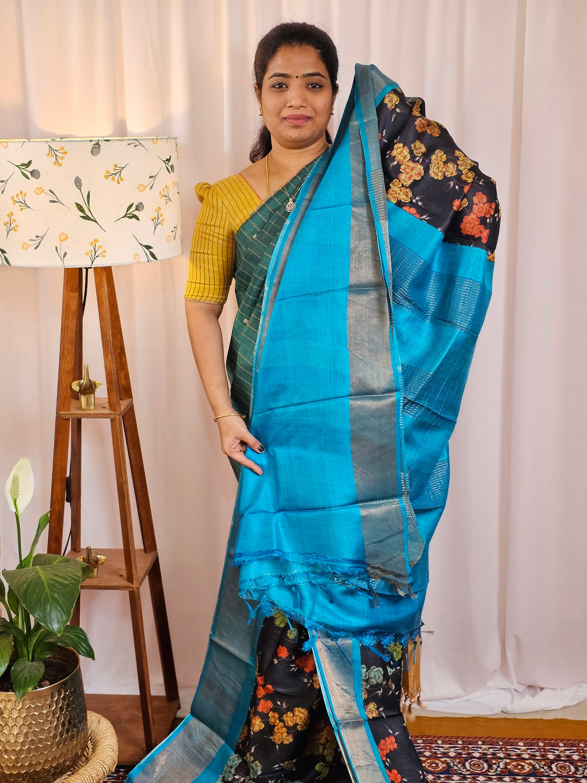 Pure Tussar Silk Saree with Zari Border - Black with Blue