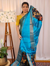Pure Tussar Silk Saree with Zari Border - Black with Blue