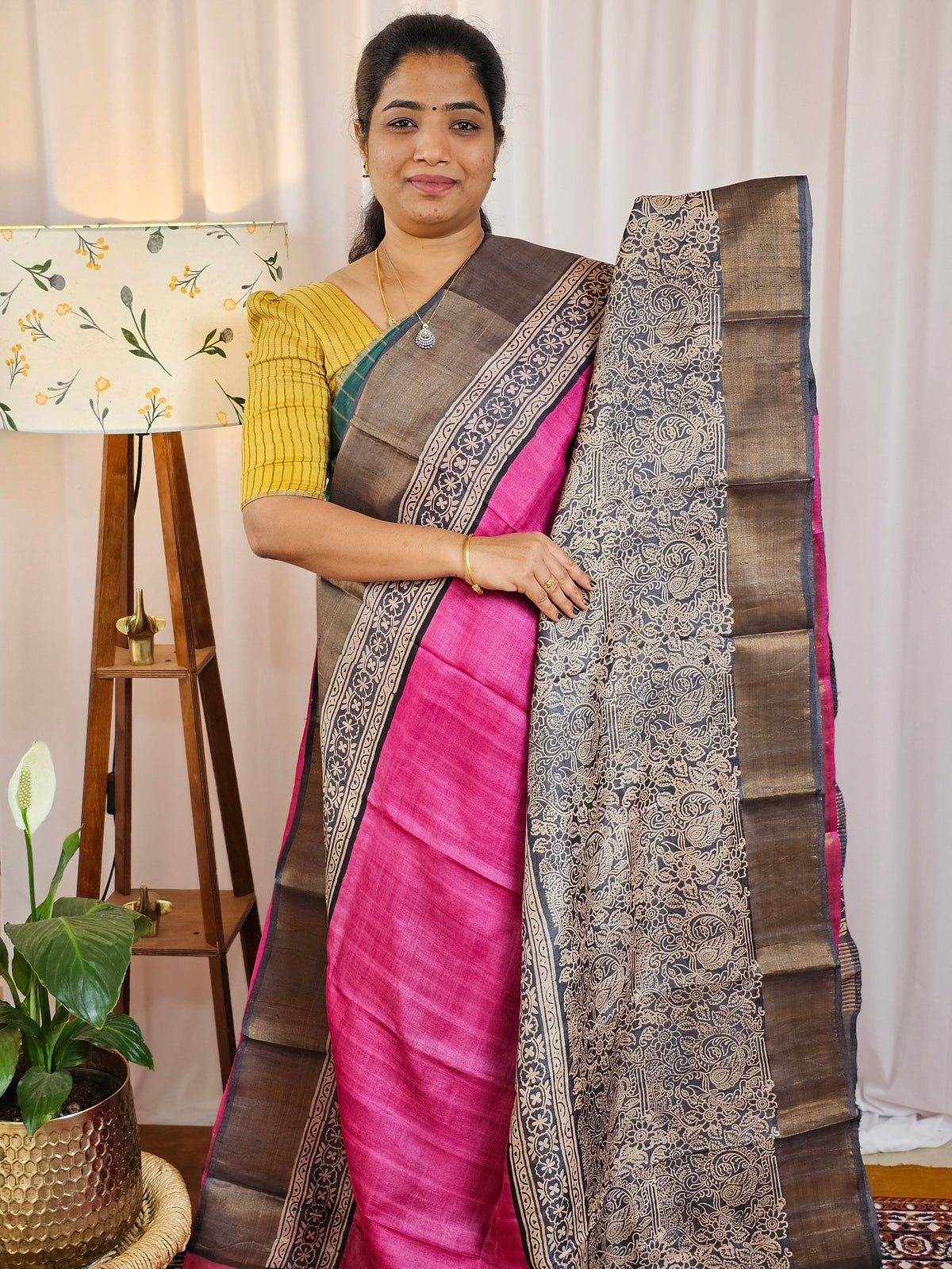 Pure Tussar Silk Saree with Zari Border - Pink with Grey