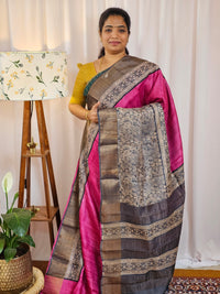 Pure Tussar Silk Saree with Zari Border - Pink with Grey