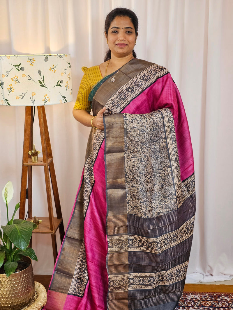 Pure Tussar Silk Saree with Zari Border - Pink with Grey