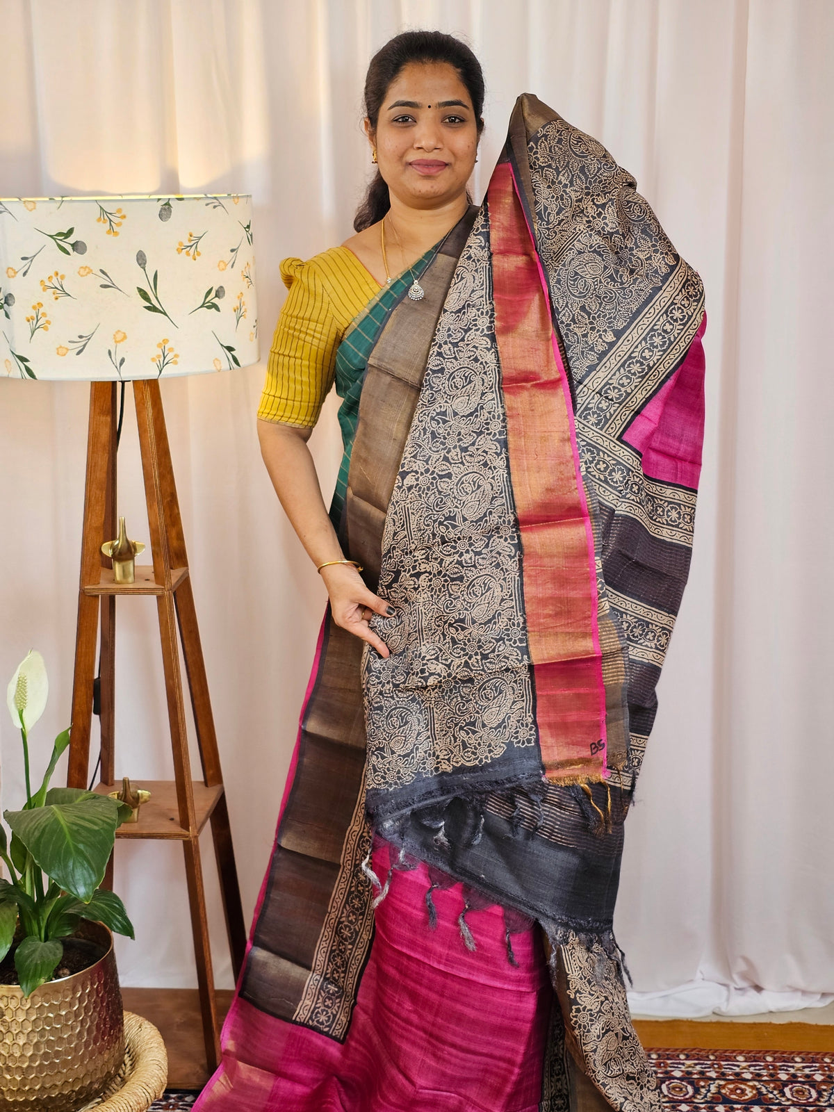 Pure Tussar Silk Saree with Zari Border - Pink with Grey