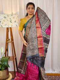 Pure Tussar Silk Saree with Zari Border - Pink with Grey